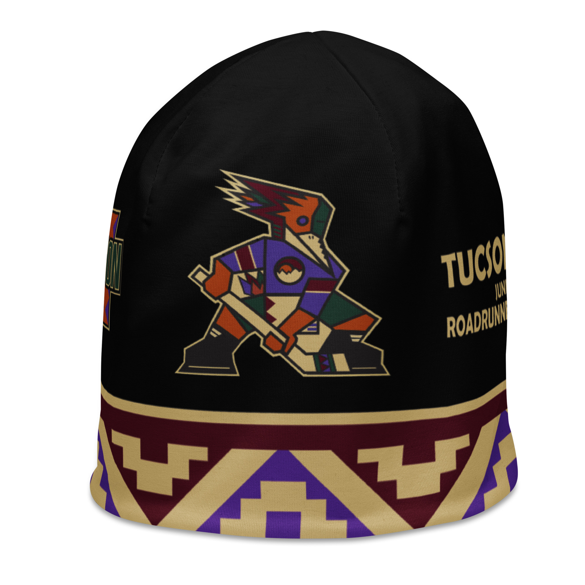 Dark Kachina warm-up beanie angled view with Roadrunner player and team wordmark