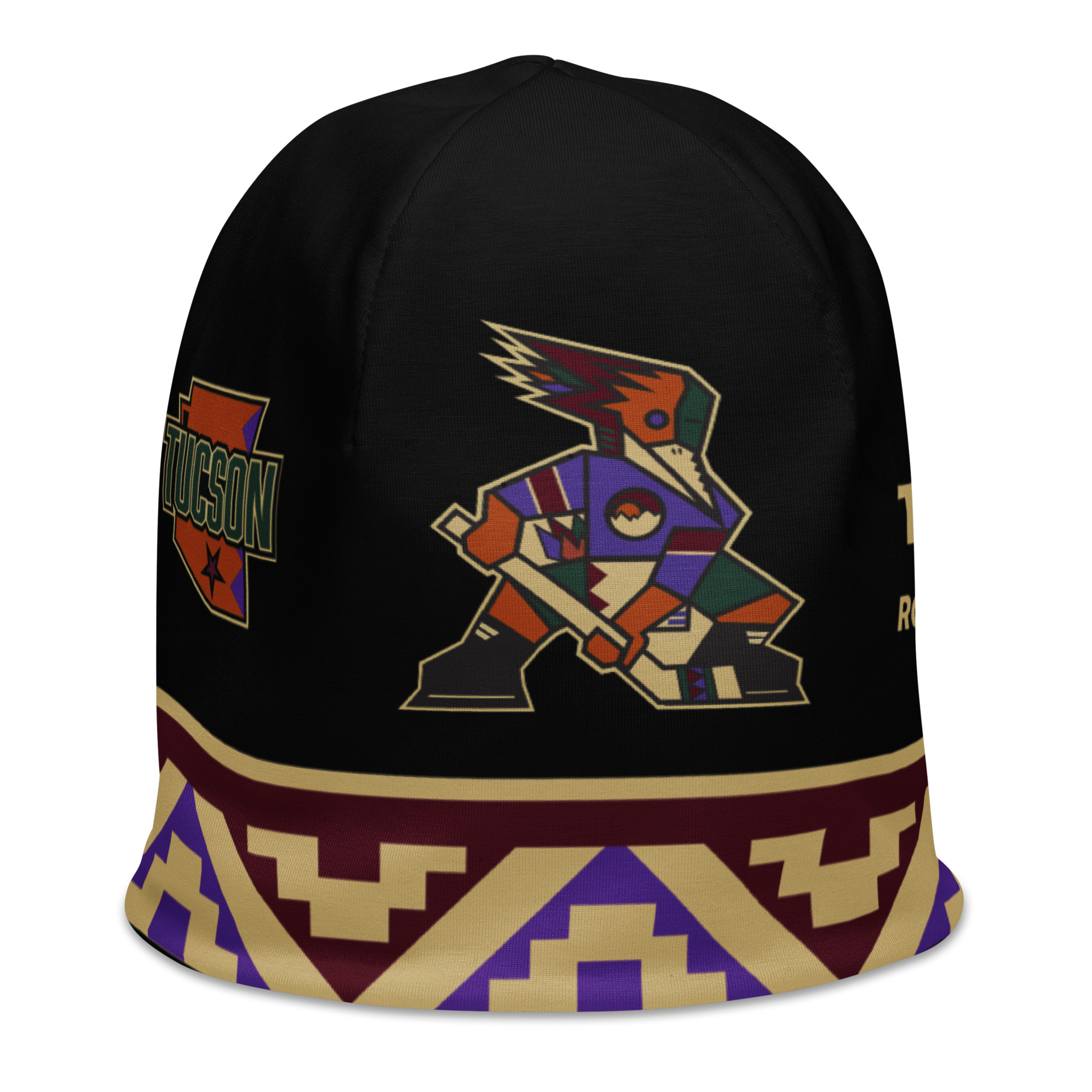 Dark Kachina warm-up beanie angled view with Roadrunner player and Tucson mark