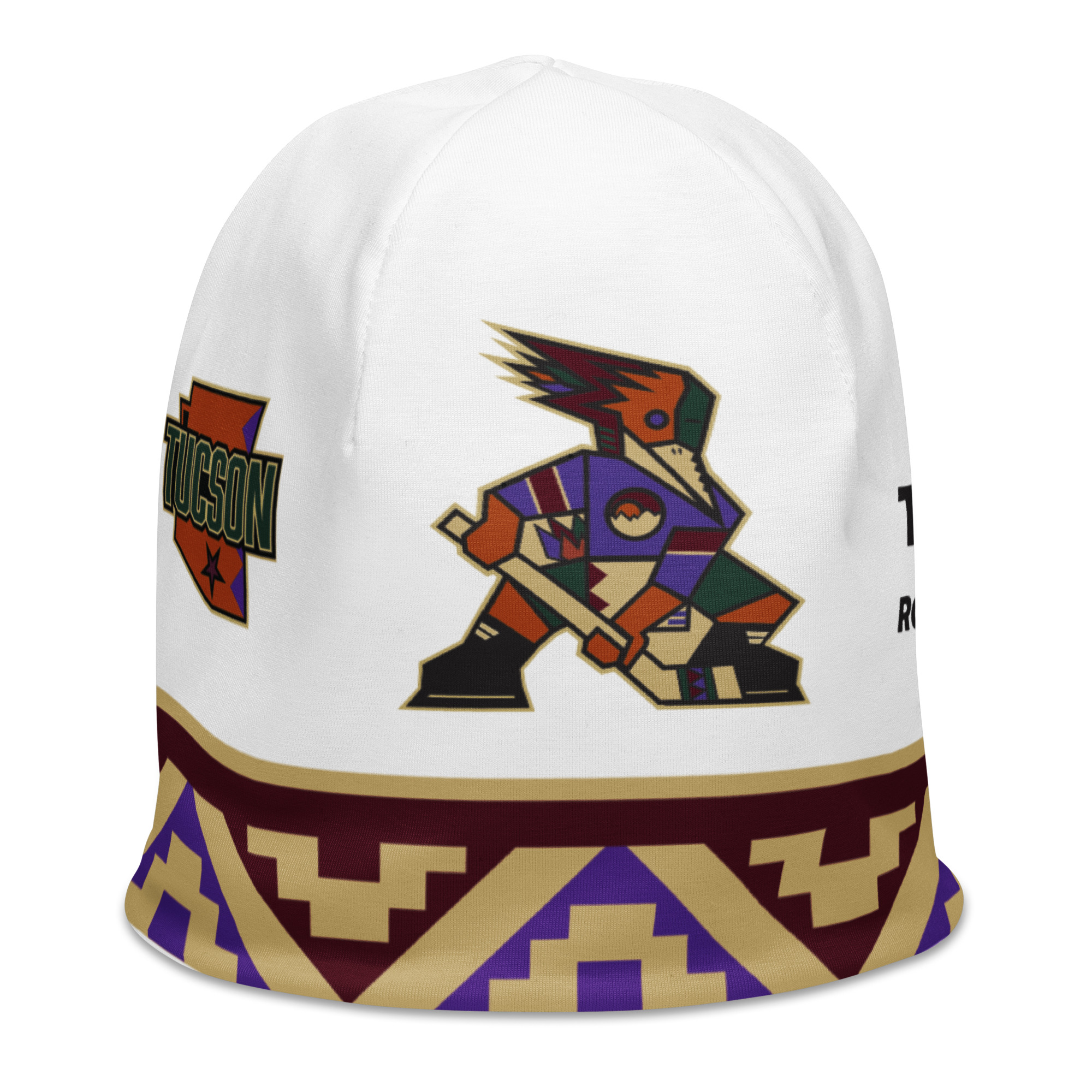 Light Kachina warm-up beanie angled view with Roadrunner player and Tucson mark