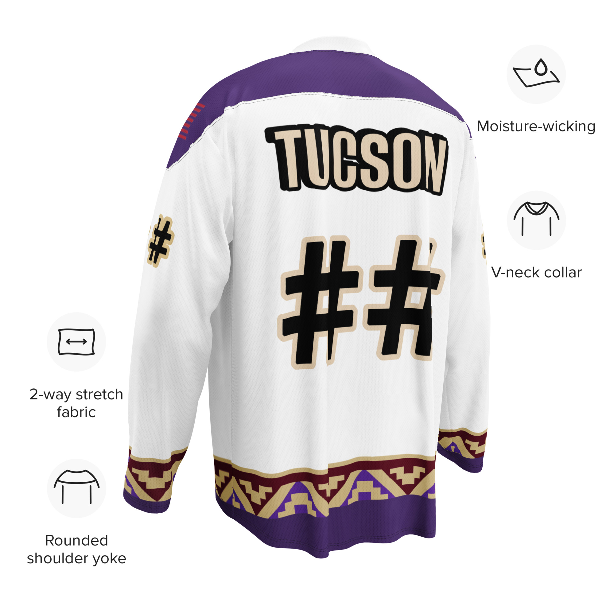 Light Tucson Junior Roadrunners fan jersey diagram showing moisture-wicking fabric, stretch, V-neck, and shoulder yoke