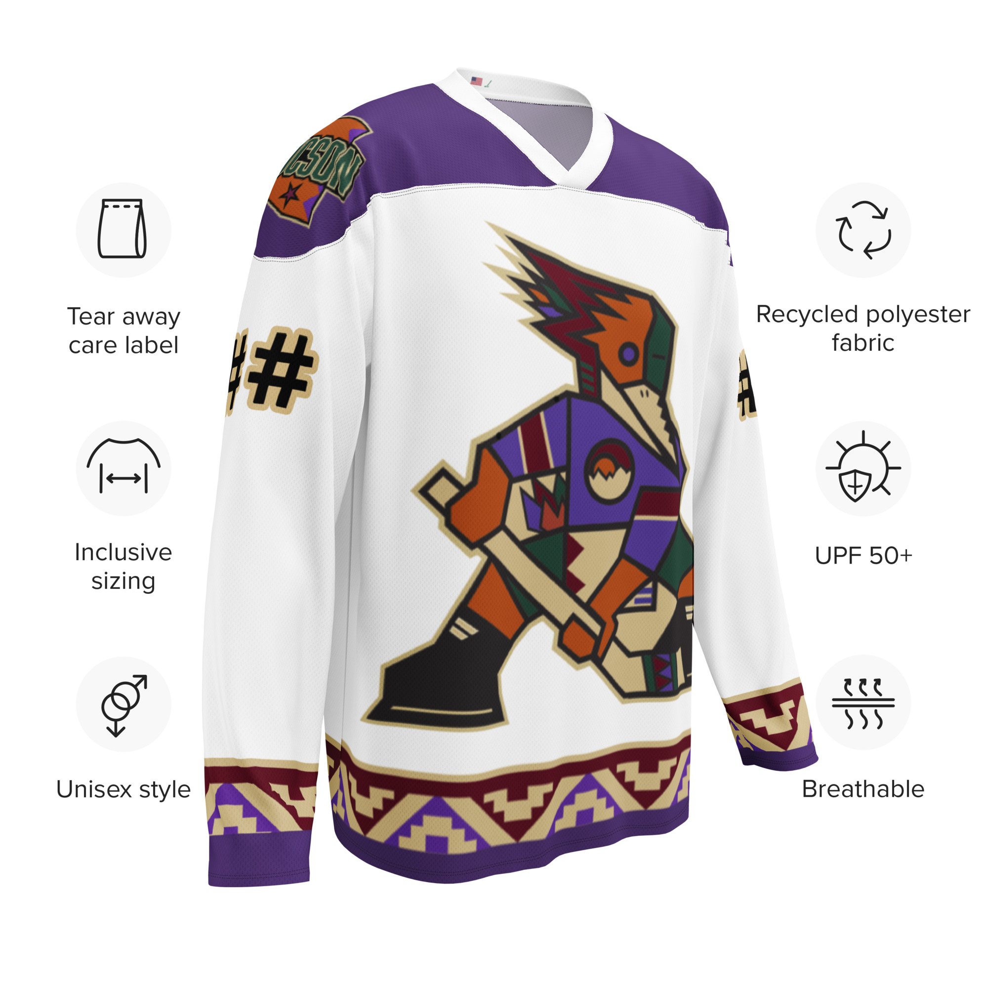 Light Tucson Junior Roadrunners Kachina fan jersey diagram showing recycled fabric, UPF 50+, breathability, and inclusive sizing