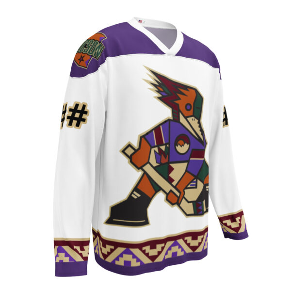 Light Tucson Junior Roadrunners Kachina fan jersey with white body, purple shoulders, and Southwest trim, front view