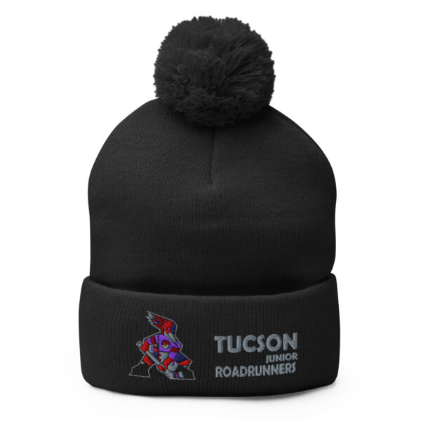 Black Tucson Junior Roadrunners pom-pom beanie with embroidered player crest and stacked wordmark