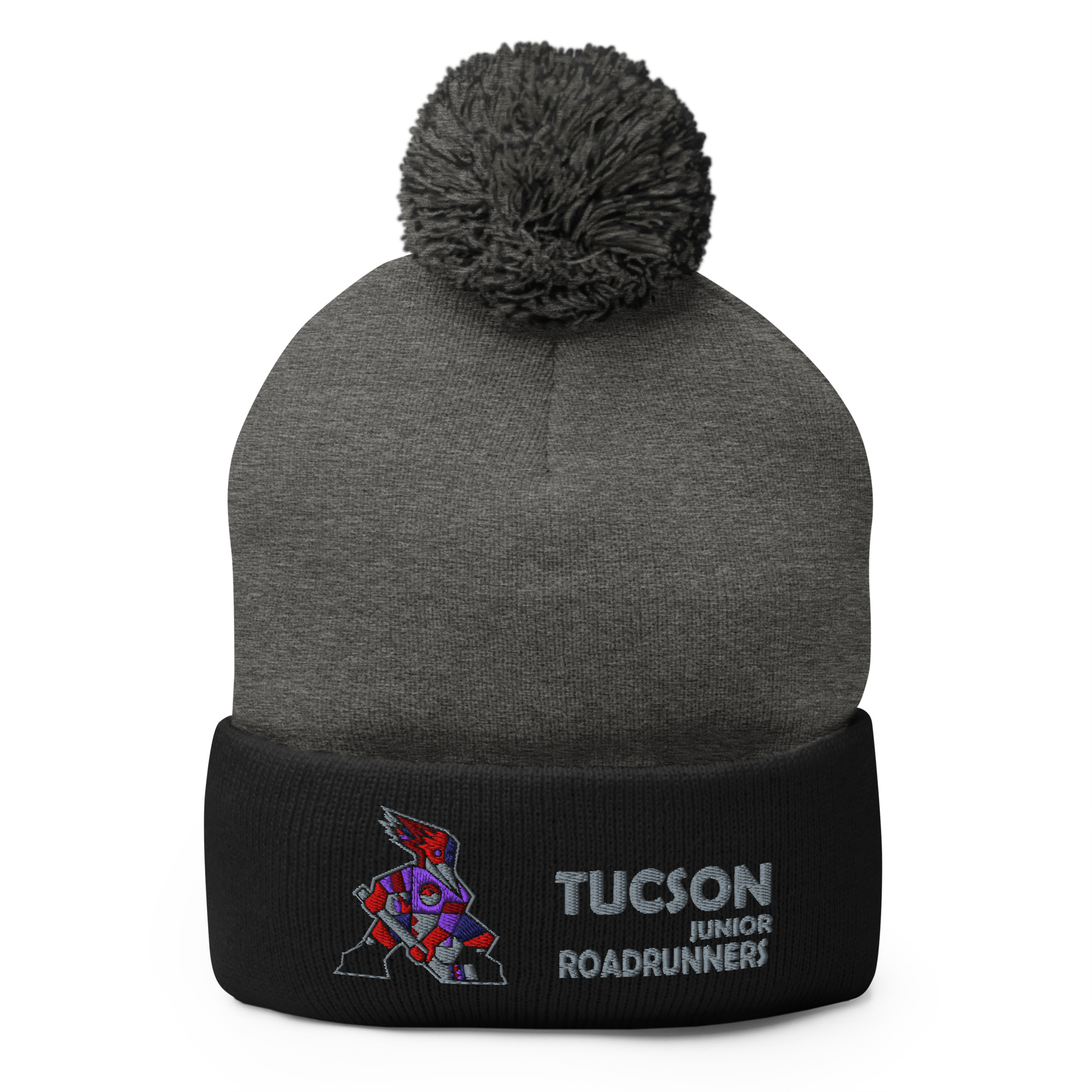 Dark heather grey and black Tucson Junior Roadrunners pom-pom beanie with embroidered team graphics