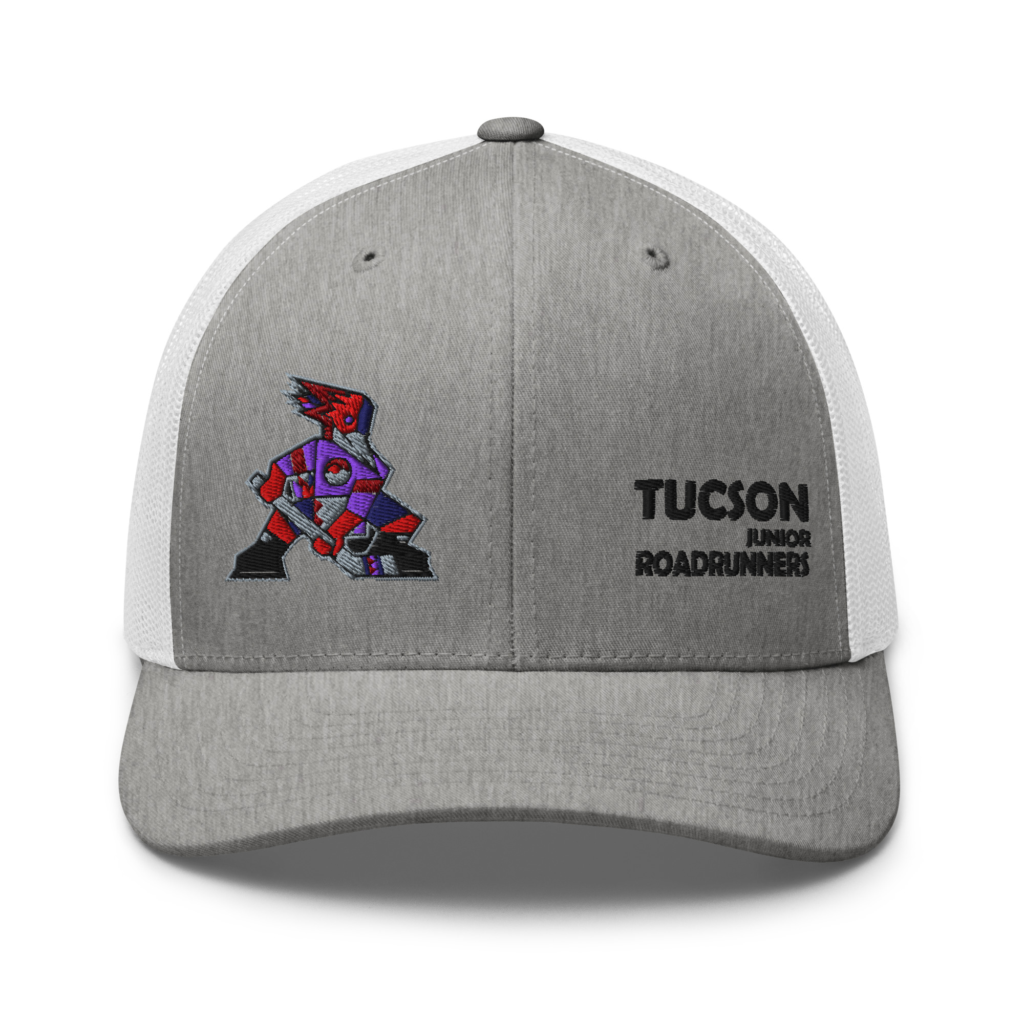 Tucson Junior Roadrunners Trucker Hat in Heather Grey/White, front view