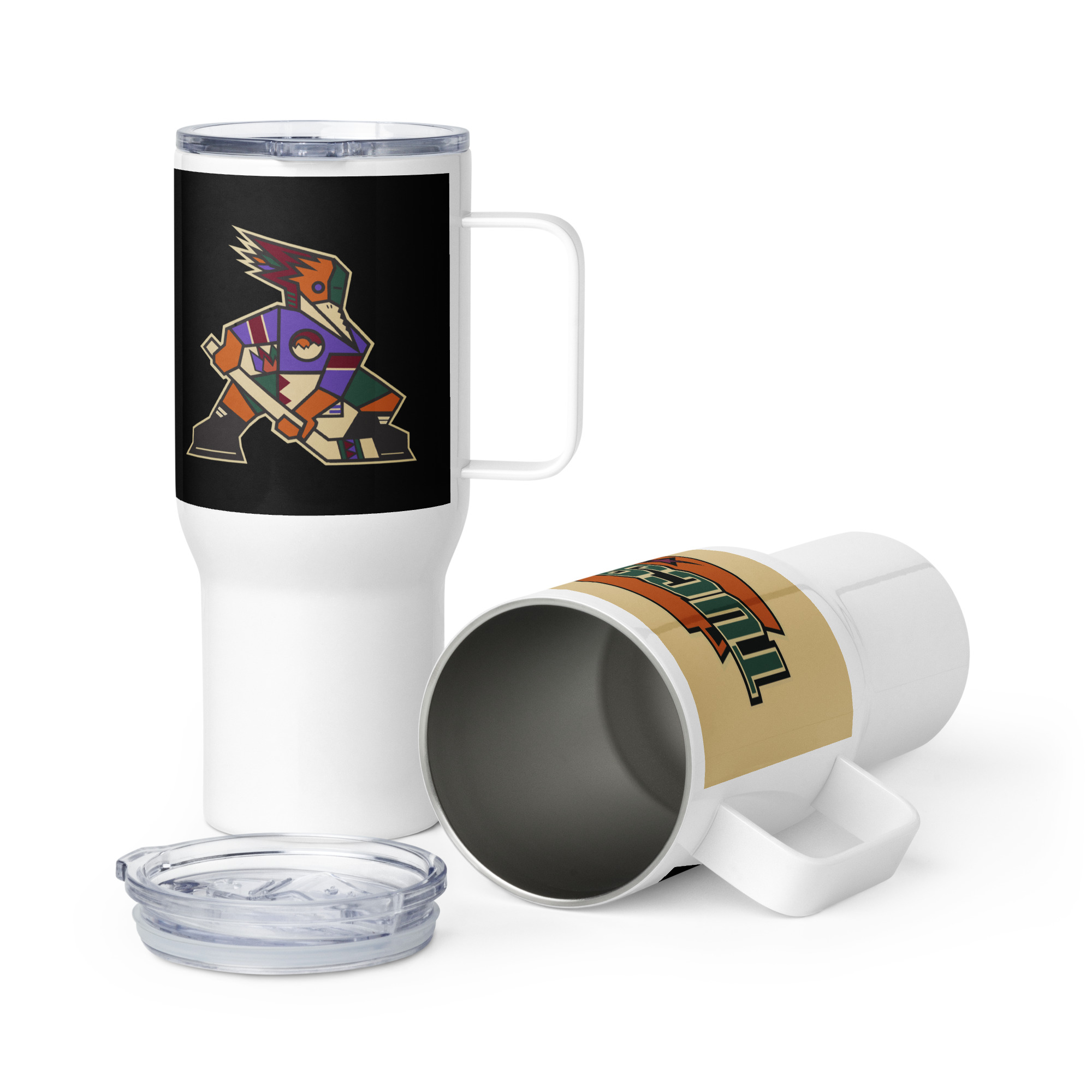 Tucson Junior Roadrunners Kachina 25 oz travel mug with press-in lid and stainless steel interior