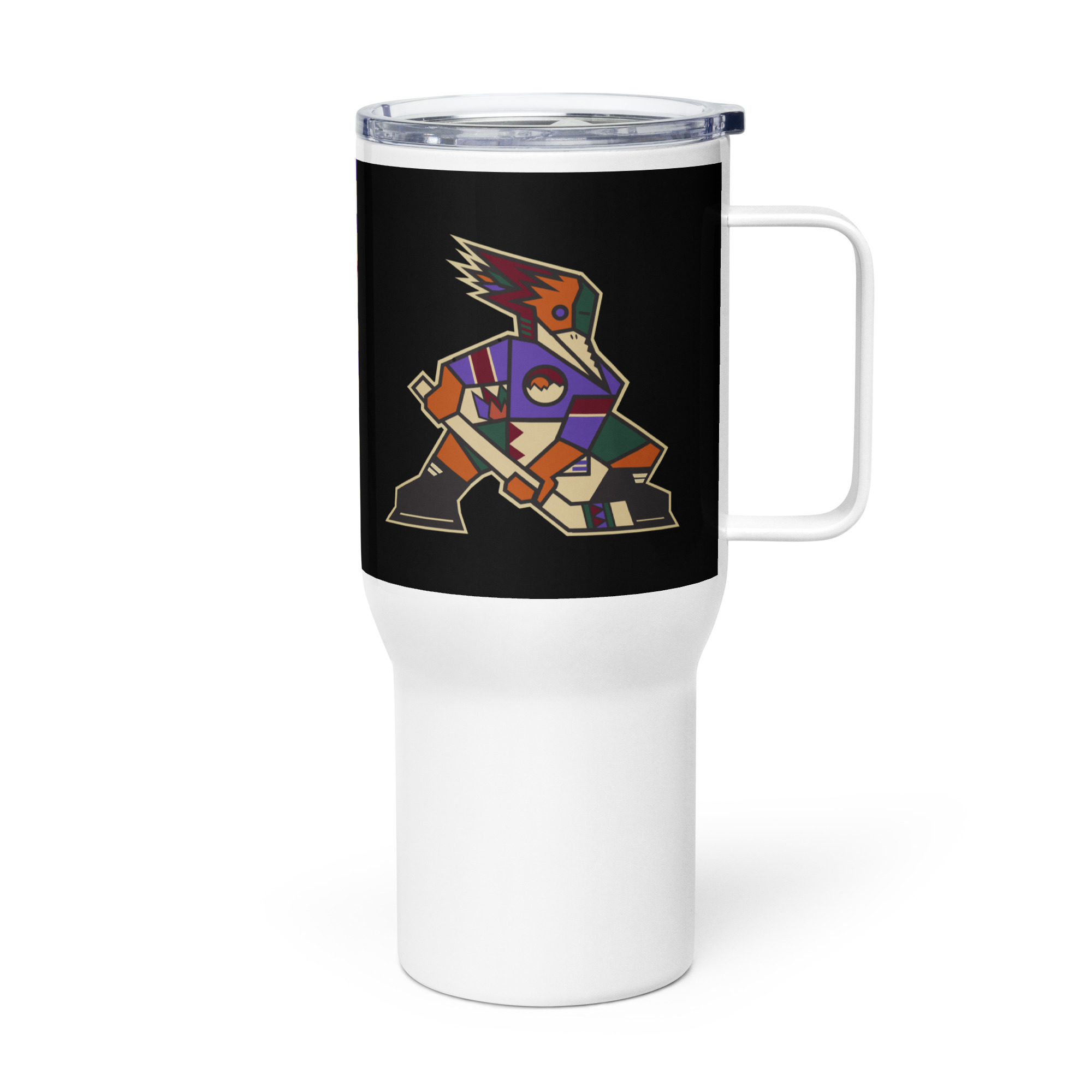Tucson Junior Roadrunners Kachina player artwork on 25 oz travel mug