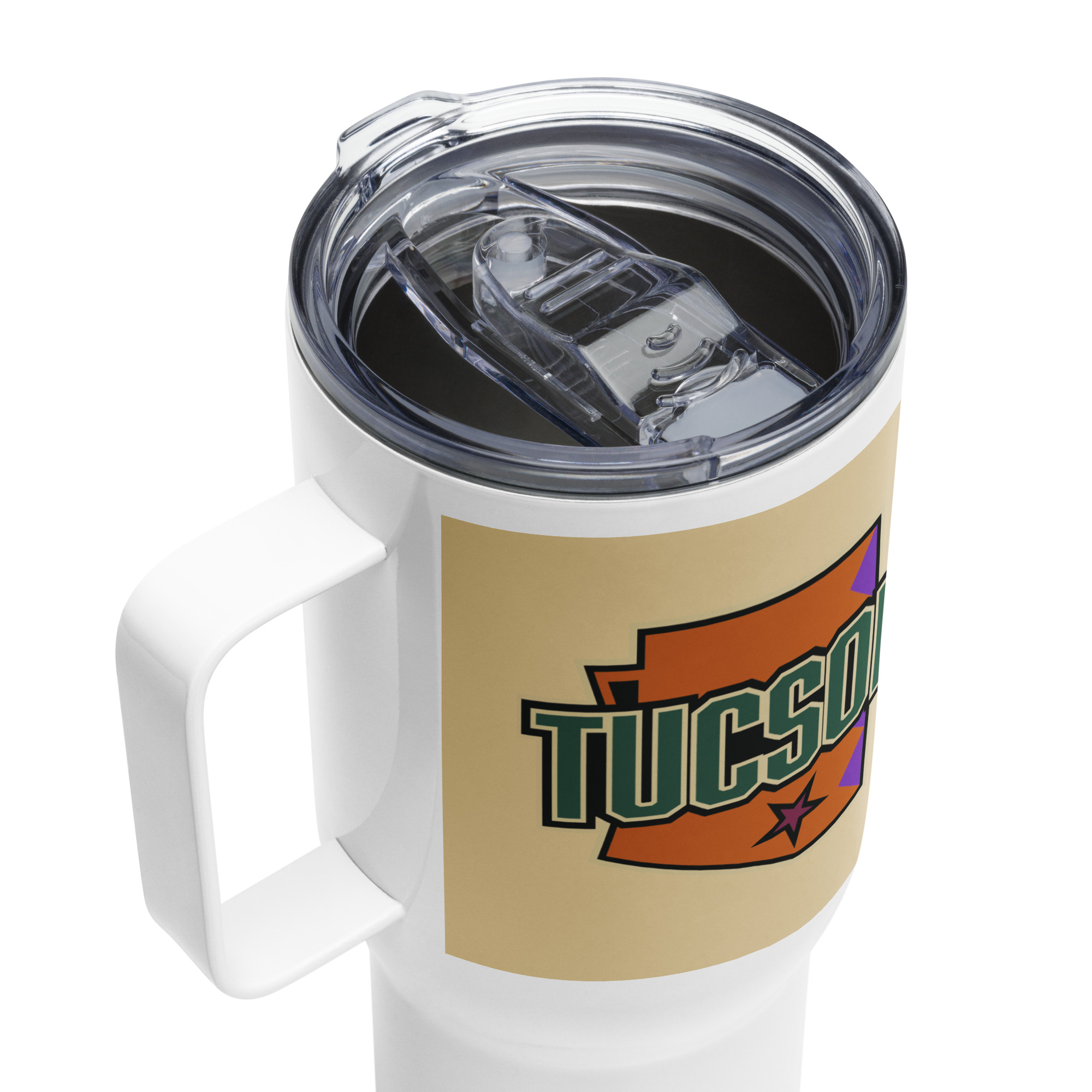 Press-in lid detail on Tucson Junior Roadrunners 25 oz travel mug
