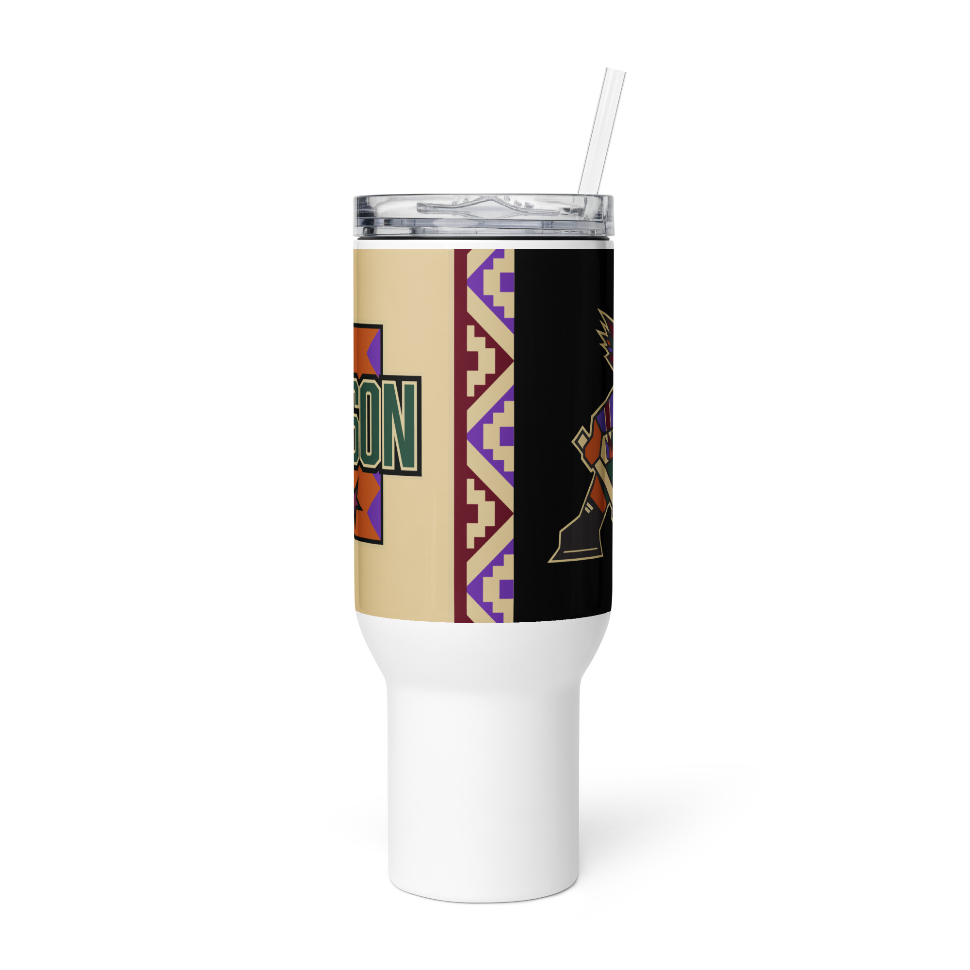 Tucson Junior Roadrunners 40 oz travel mug with Kachina wraparound design and straw