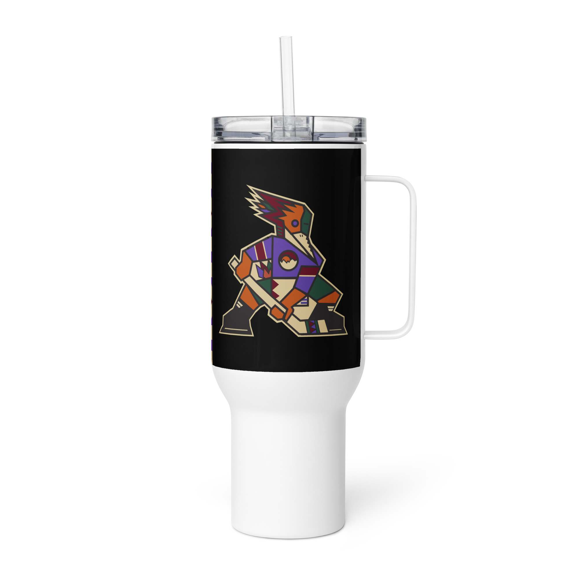 Tucson Junior Roadrunners Kachina player artwork on 40 oz travel mug
