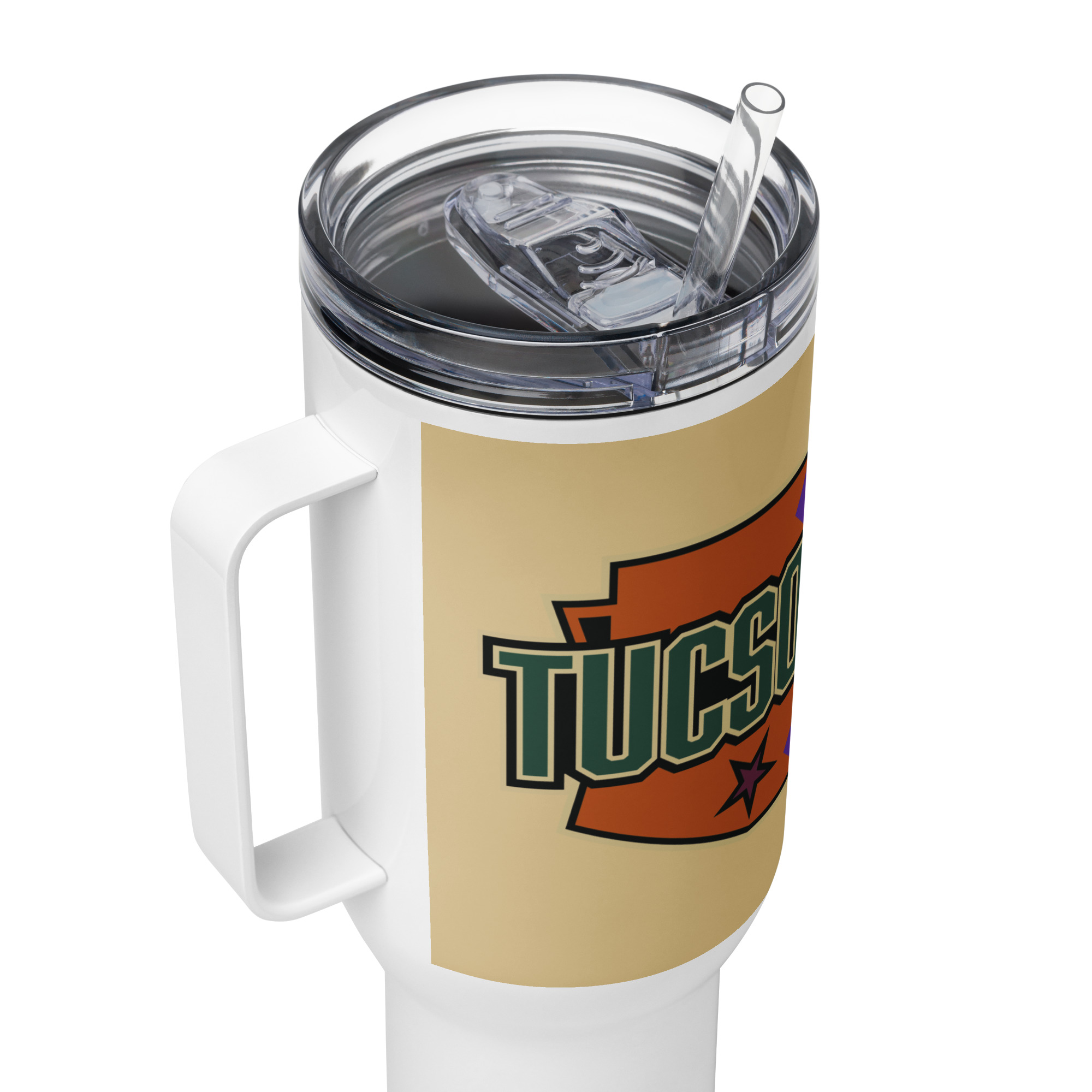 Screw-on lid and straw detail on Tucson Junior Roadrunners 40 oz travel mug