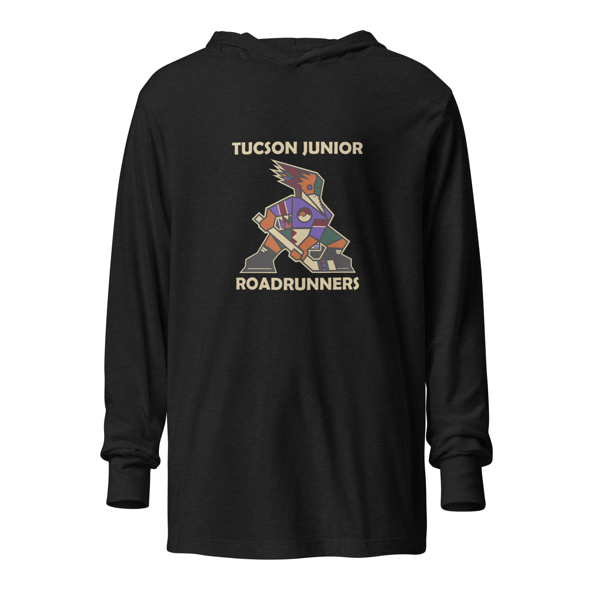 Tucson Junior Roadrunners Classic Hooded Tee in Charcoal-Black Triblend, front view