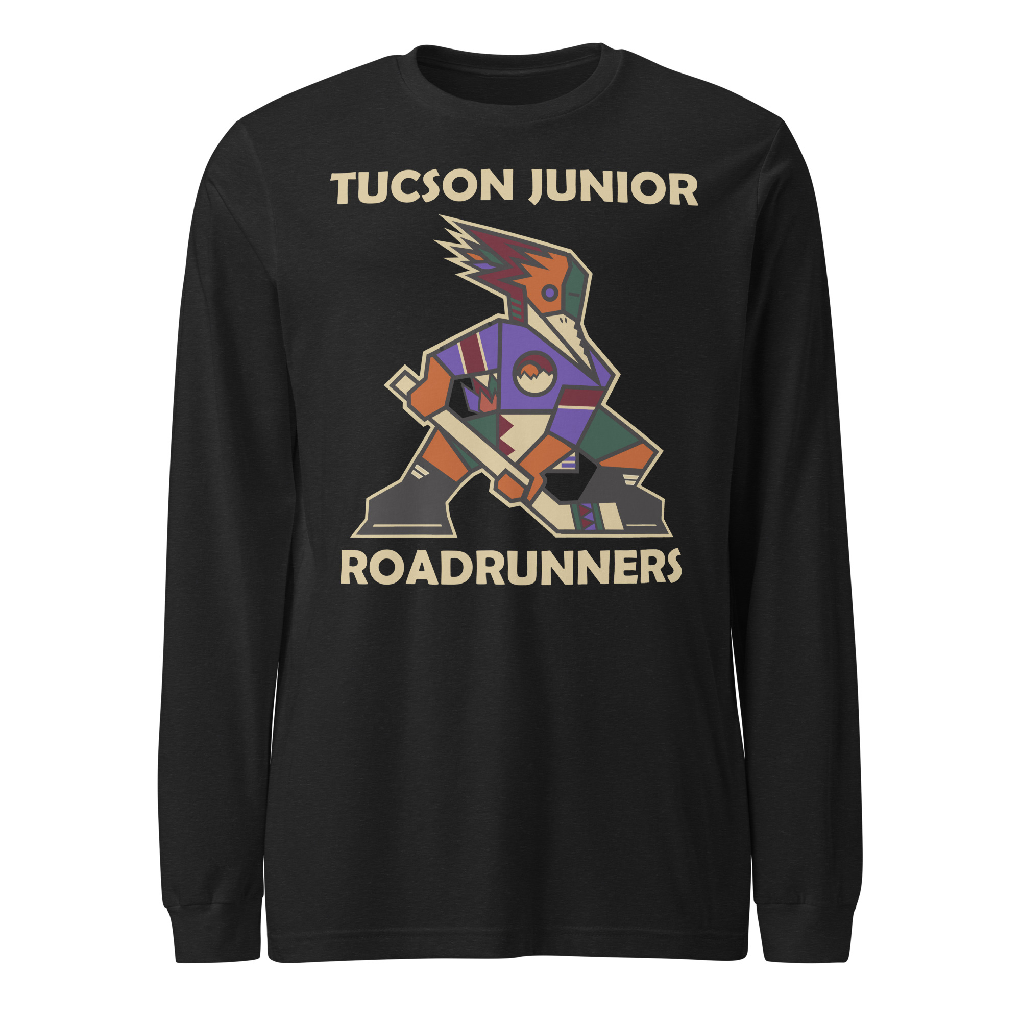 Black heather Tucson Junior Roadrunners Kachina long sleeve tee with full-color player artwork and sand team wordmark, front view