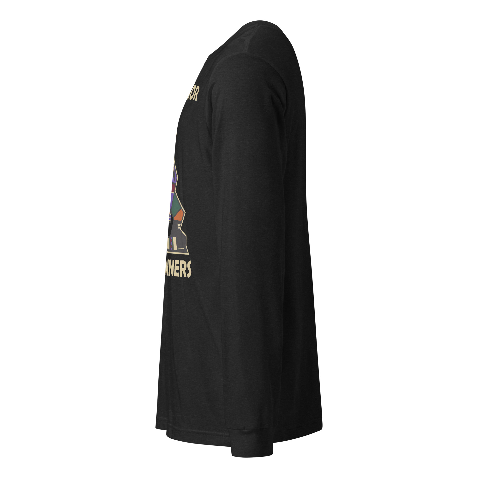 Black heather Tucson Junior Roadrunners Kachina long sleeve tee showing the left side and ribbed cuff