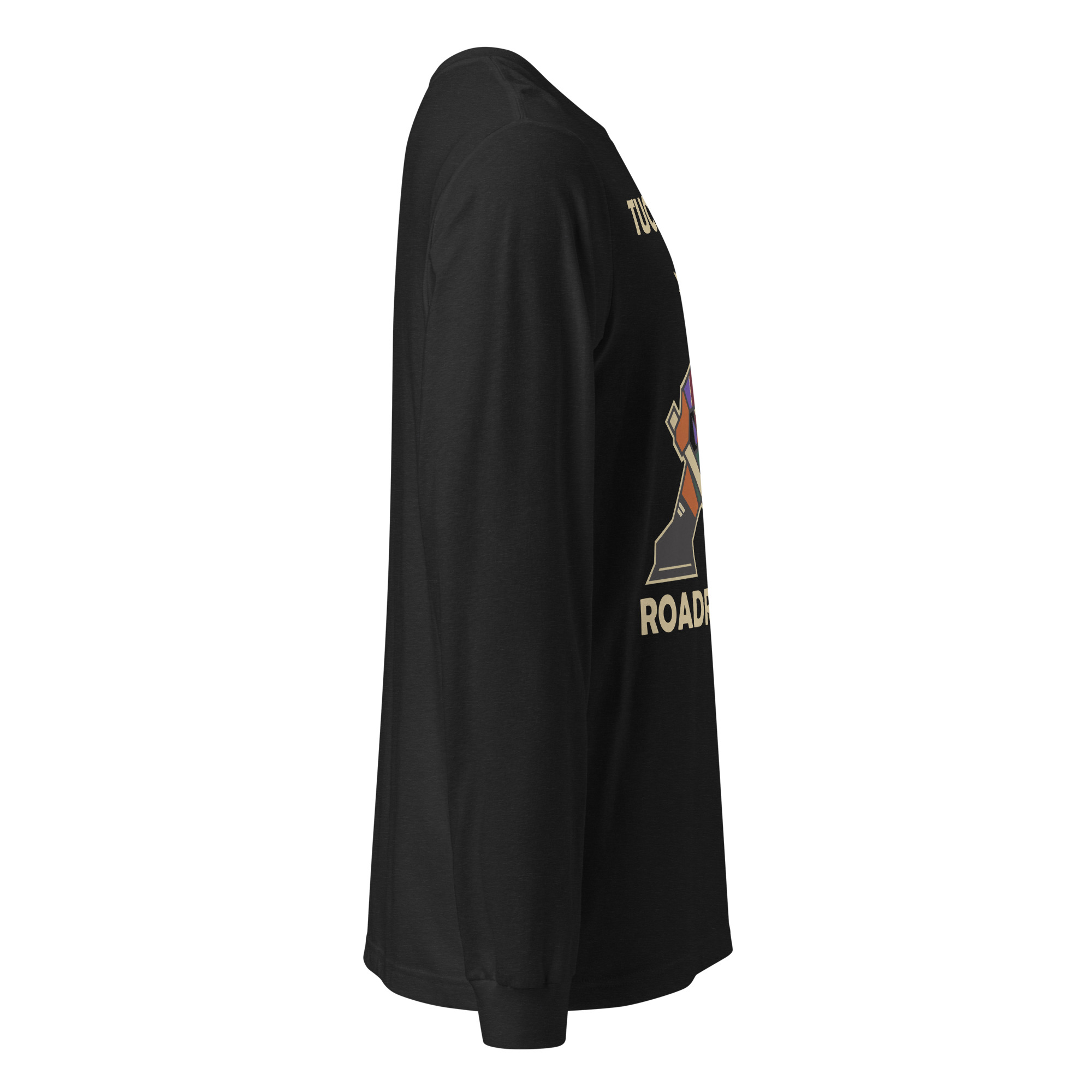 Black heather Tucson Junior Roadrunners Kachina long sleeve tee showing the right side and front artwork