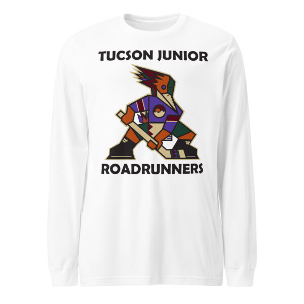 White Tucson Junior Roadrunners Kachina long sleeve tee with full-color player artwork and team wordmark, front view