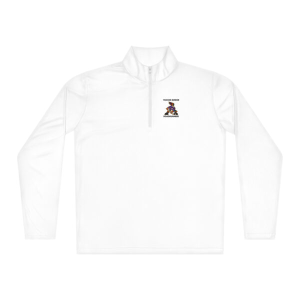 White Tucson Junior Roadrunners Kachina quarter-zip pullover with left-chest team artwork, front view
