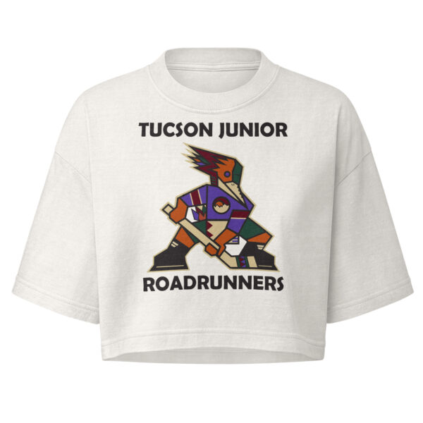 Vintage white Tucson Junior Roadrunners Kachina women's cropped tee with full-color player artwork and team wordmark, front view