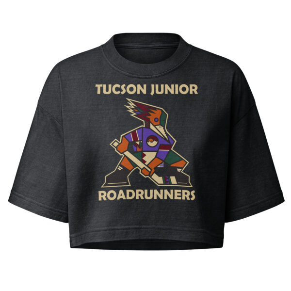 Washed black Tucson Junior Roadrunners Kachina women's cropped tee with full-color player artwork and sand team wordmark, front view