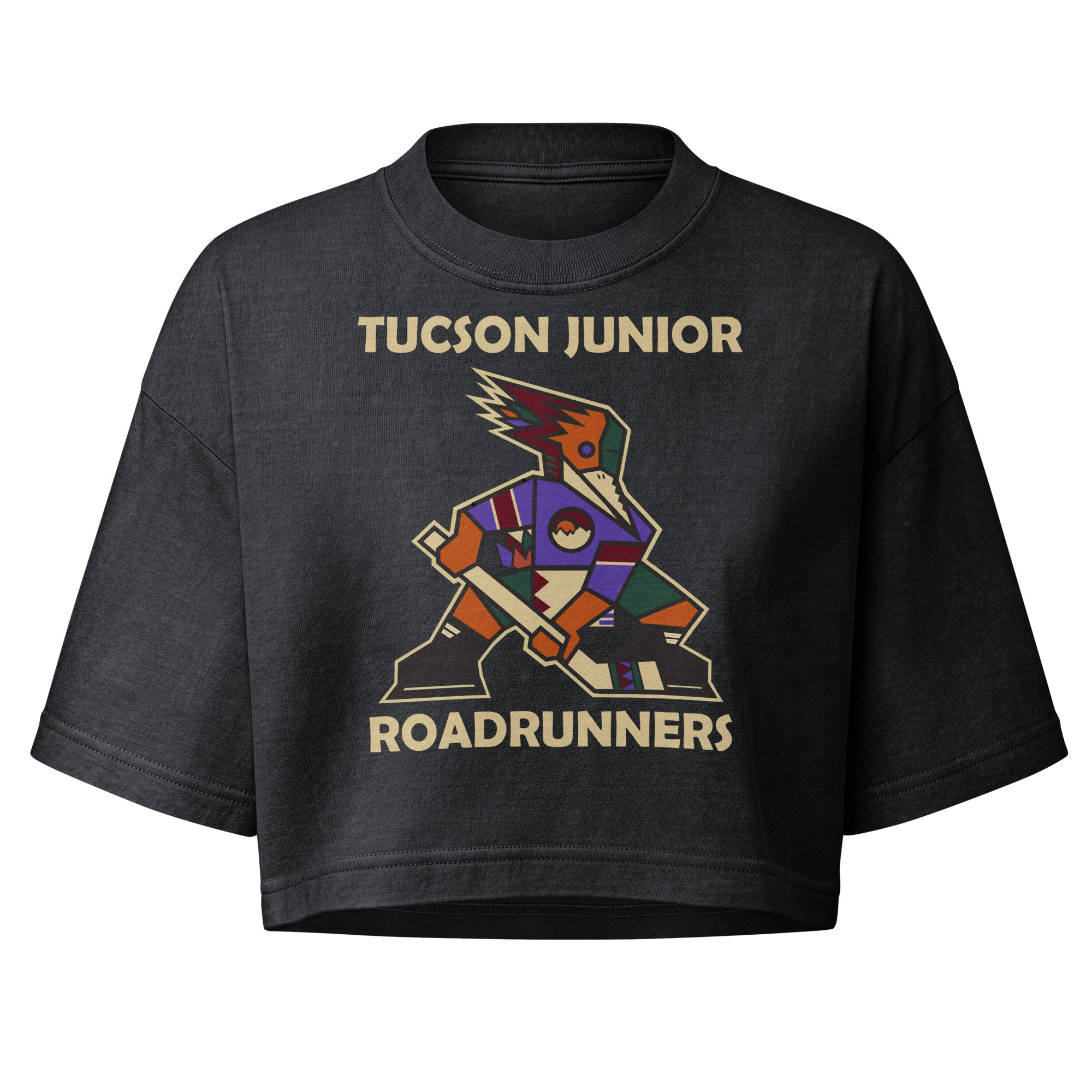 Washed black Tucson Junior Roadrunners Kachina women's cropped tee with full-color player artwork and sand team wordmark, front view