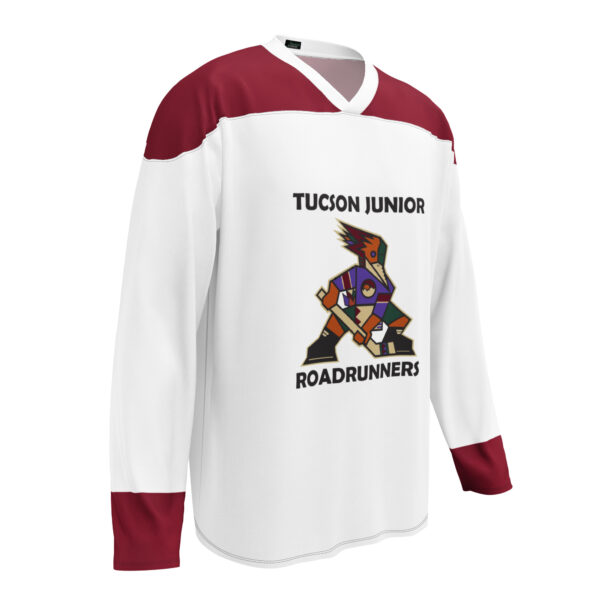 Light Tucson Junior Roadrunners Kachina practice jersey with white body, maroon shoulders and cuffs, and team artwork, front view